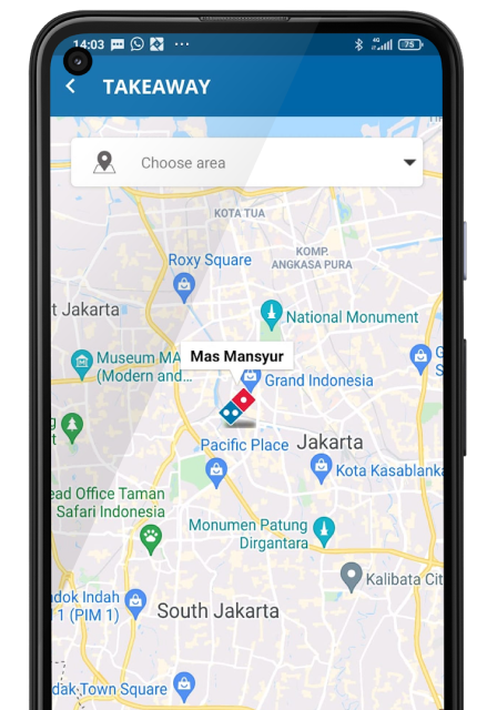 Mobile phone showing a map of Domino's pizza locations