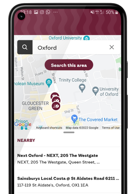 Mobile phone showing a map of Costa Coffee locations
