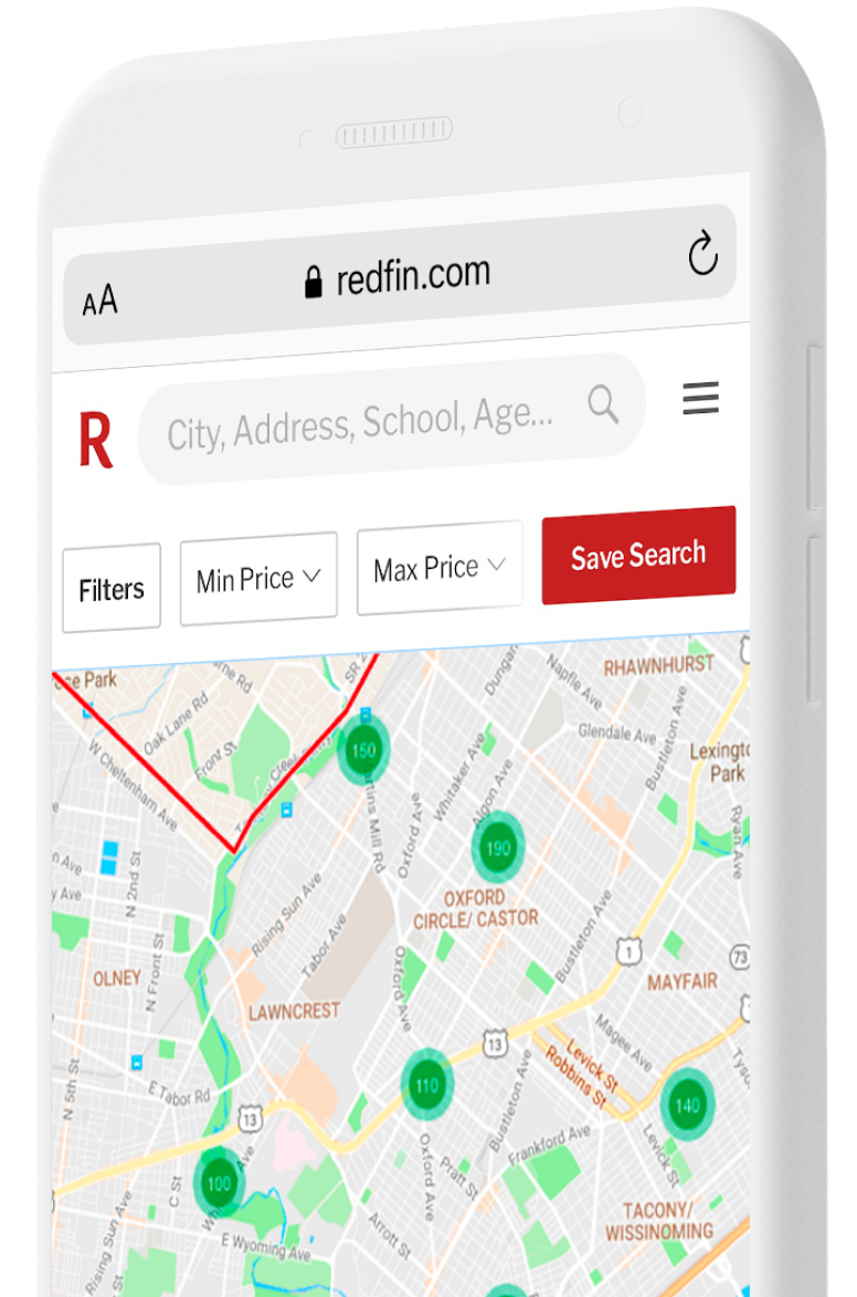 Phone with map showing real estate search results